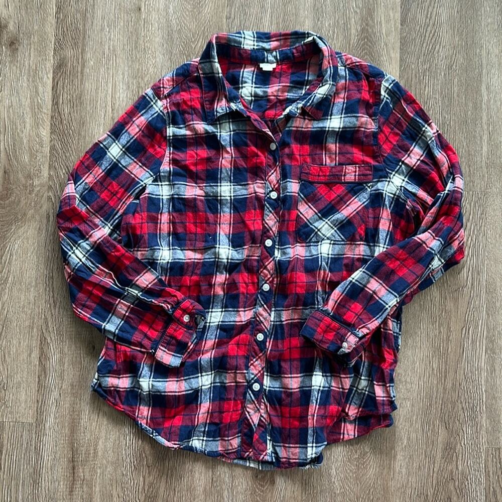Aerie Plaid Button Front Long Sleeve Shirt Red Blue‎ & White Size Large